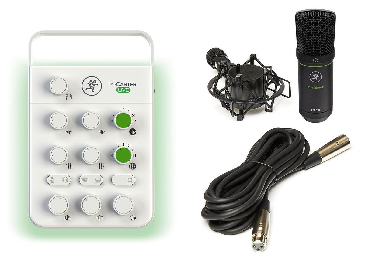 Mackie M Caster Live White Streaming Podcasting Smartphone/USB Mixer+EM-91C Mic