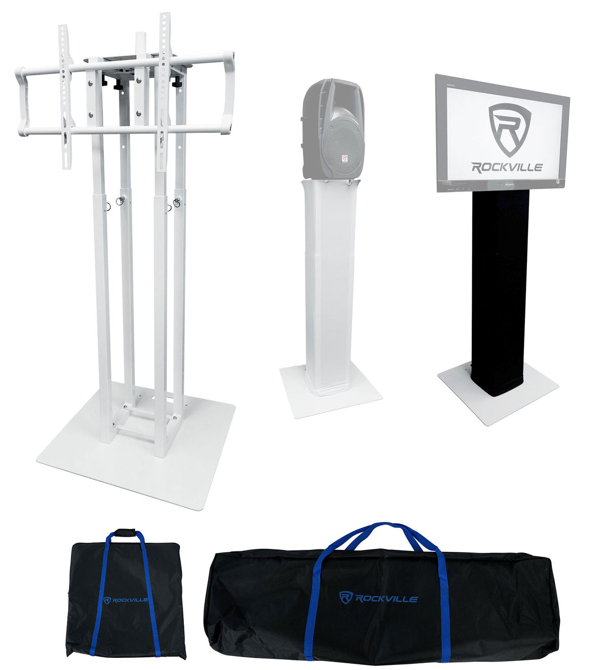 (1) Rockville RTP33-TV White/Black Totem DJ Speaker/Lighting Stand w/ TV Mount