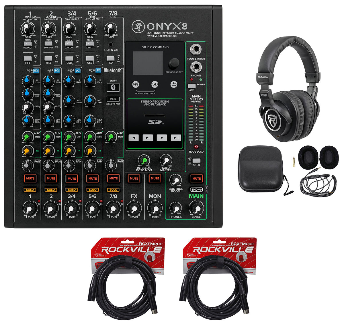 Mackie ONYX8 8-Channel Mixer w/ USB/3-Band EQ+Bluetooth+Headphones+XLR Cables