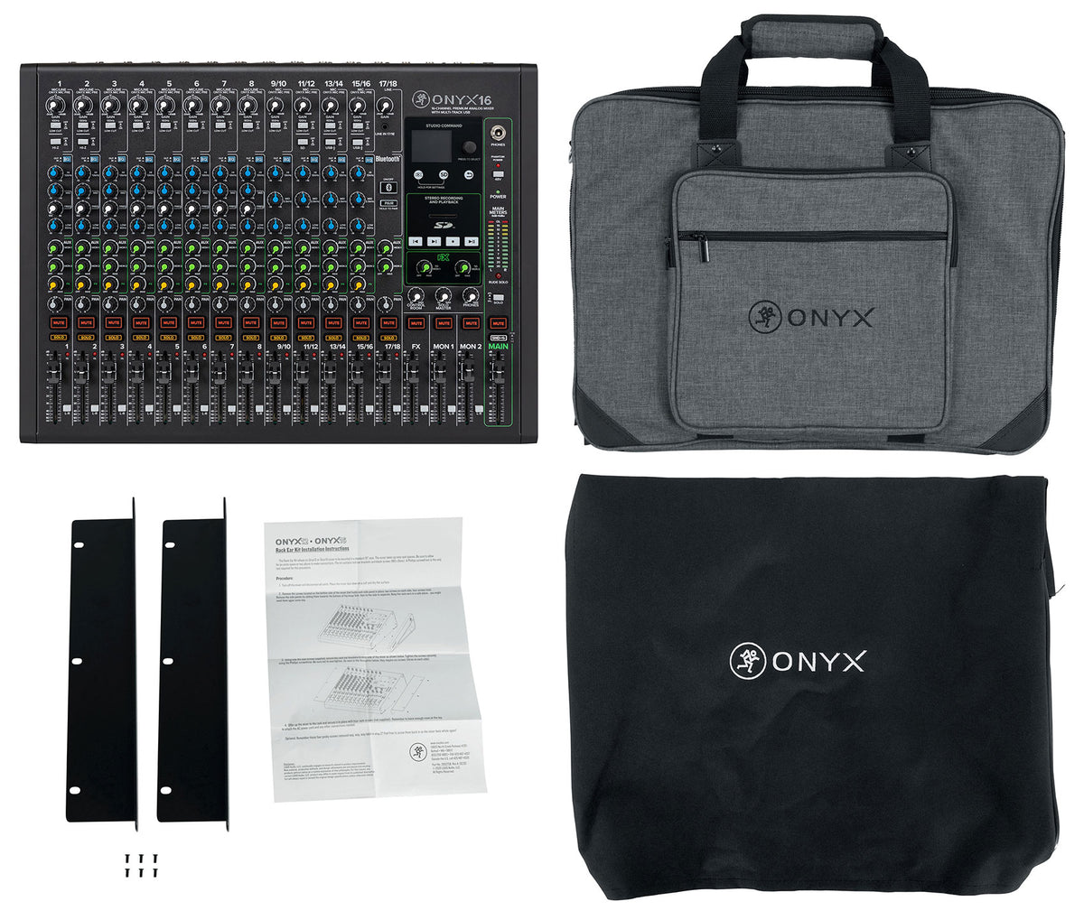 Mackie ONYX16 16-Channel Analog Mixer w/USB/EQ/Bluetooth+Bag+Cover+Rack Kit