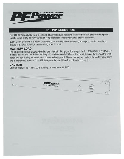 Furman D10-PFP 1U 15A Rackmount Pro DJ Power Strip w/ 10 Outlets