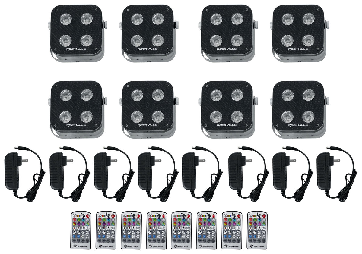 Rockville MINI RF4 CHARGE PACKAGE 8 Battery DJ Lights+Case+Remotes+Wireless DMX