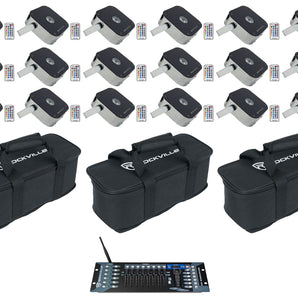 18 Rockville MINI RF1 RGBWA+UV DJ/Party Wash Lights+Wireless DMX Controller+Bags
