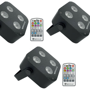 3 Rockville MINI RF4 Black RGBWA+UV DJ/Party LED Wash Lights+4-Ch. RF Par Remote