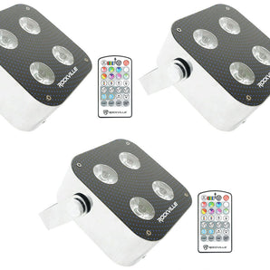 (3) Rockville MINI RF4 RGBWA+UV DMX DJ/Party LED Wash Lights+4-Ch. RF Par Remote
