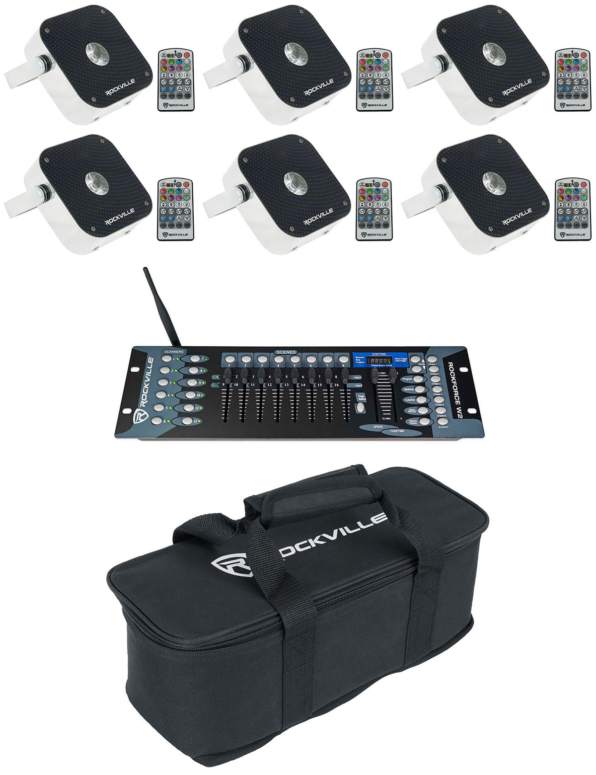 (6) Mini RF1 V2 RGBWA+UV DMX DJ/Party Wash Lights+DMX Controller+Bag