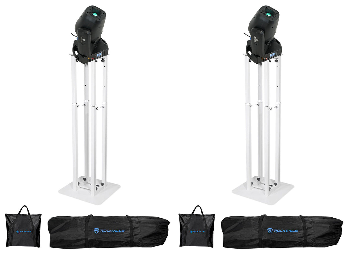 (2) ROCK SPOT 260W Moving Head Spot Lights + 8 Ft White Totem Stands