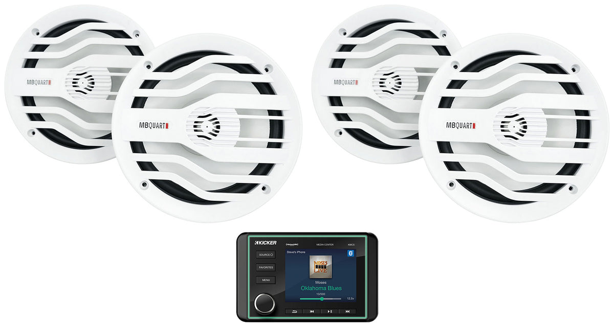 KMC5 Marine 3" Receiver Weather-Band Tuner+(4) White MB Quart 6.5" Speakers
