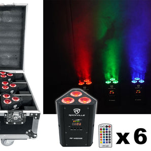 Rockville RF WEDGE PACK BLACK (6) Battery Wireless DJ Wash Lights+RF Remote+Case