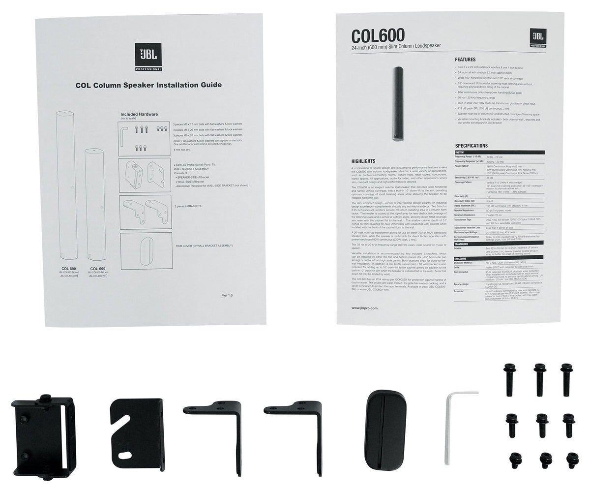 JBL COL600-BK 24" Black 70V Commercial Slim Column Wall Mount Array Speaker