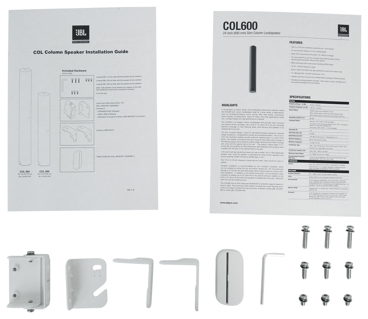 JBL COL600-WH 24" White 70V Commercial Slim Column Wall Mount Array Speaker
