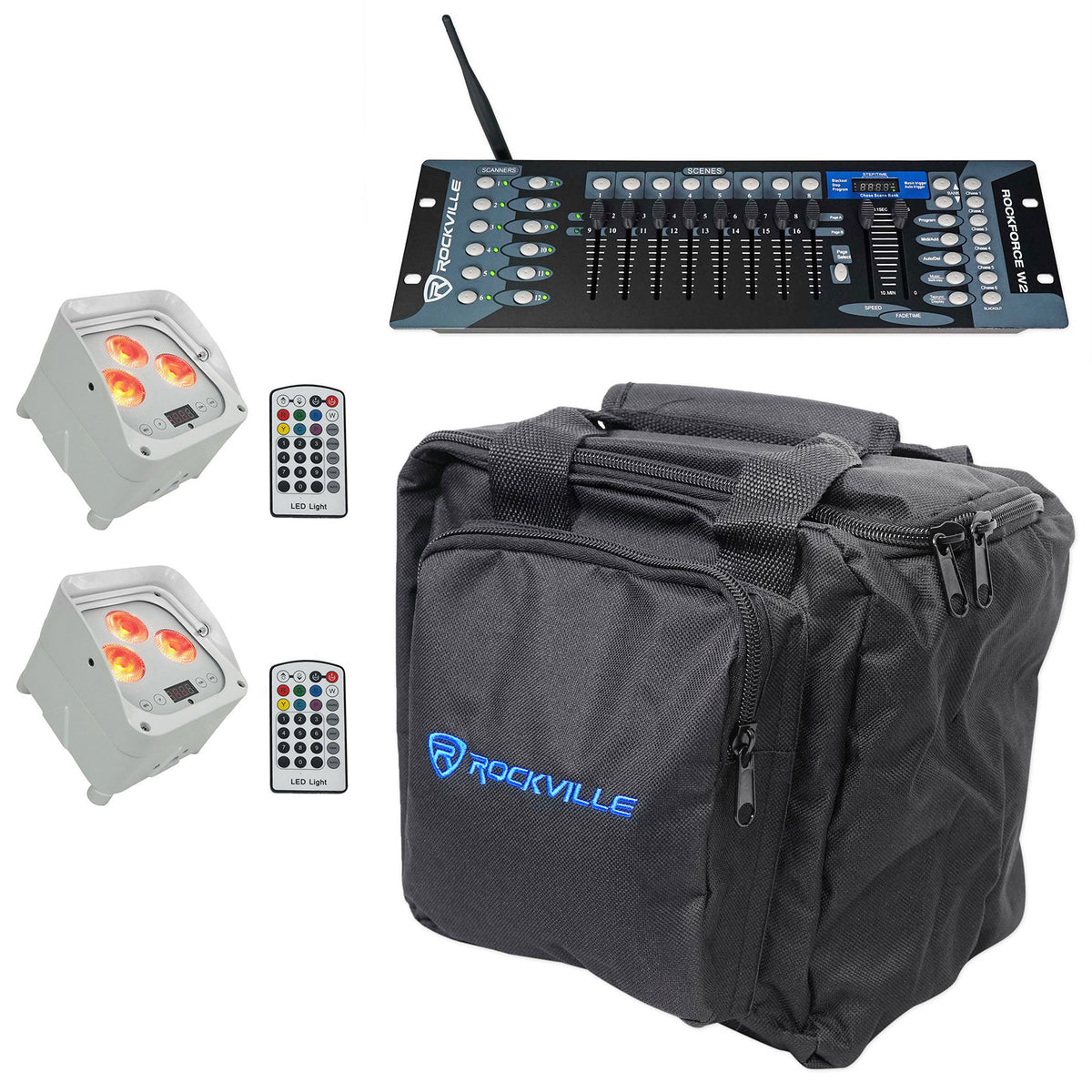 (2) WET PAR 50 White Waterproof RF Battery Lights+Wireless DMX Ctrl+Bag