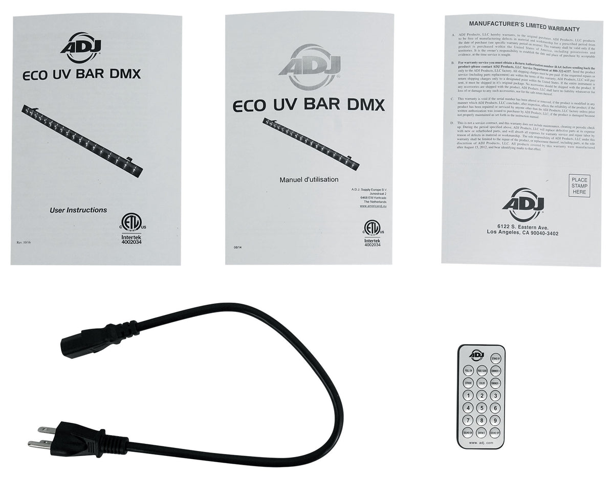 American DJ ECO BAR UV DMX 18 x 3 Watt Ultraviolet LED Bar Black Light w/ Remote
