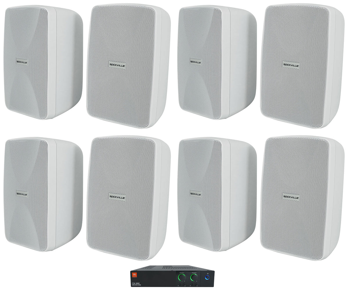 JBL CSA 280Z Commercial Amplifier+(8) Indoor/Outdoor White Swivel Wall Speakers