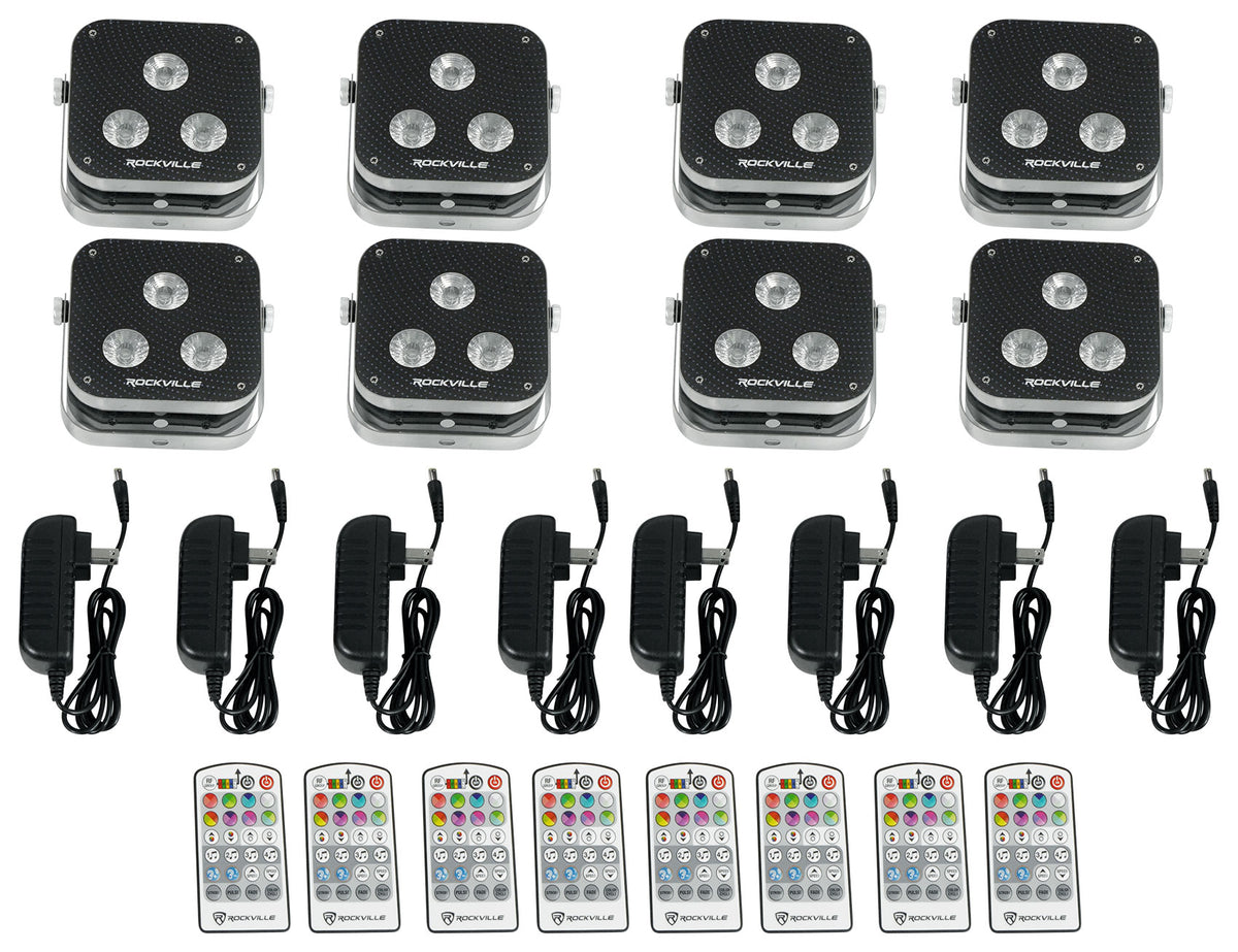 Rockville MINI RF3 CHARGE PACKAGE (8) Battery DJ PAR Up Wash Lights+Case+Remotes