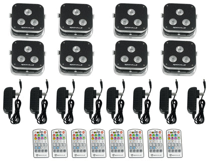 Rockville MINI RF3 CHARGE PACKAGE (8) Battery DJ PAR Up Wash Lights+Case+Remotes
