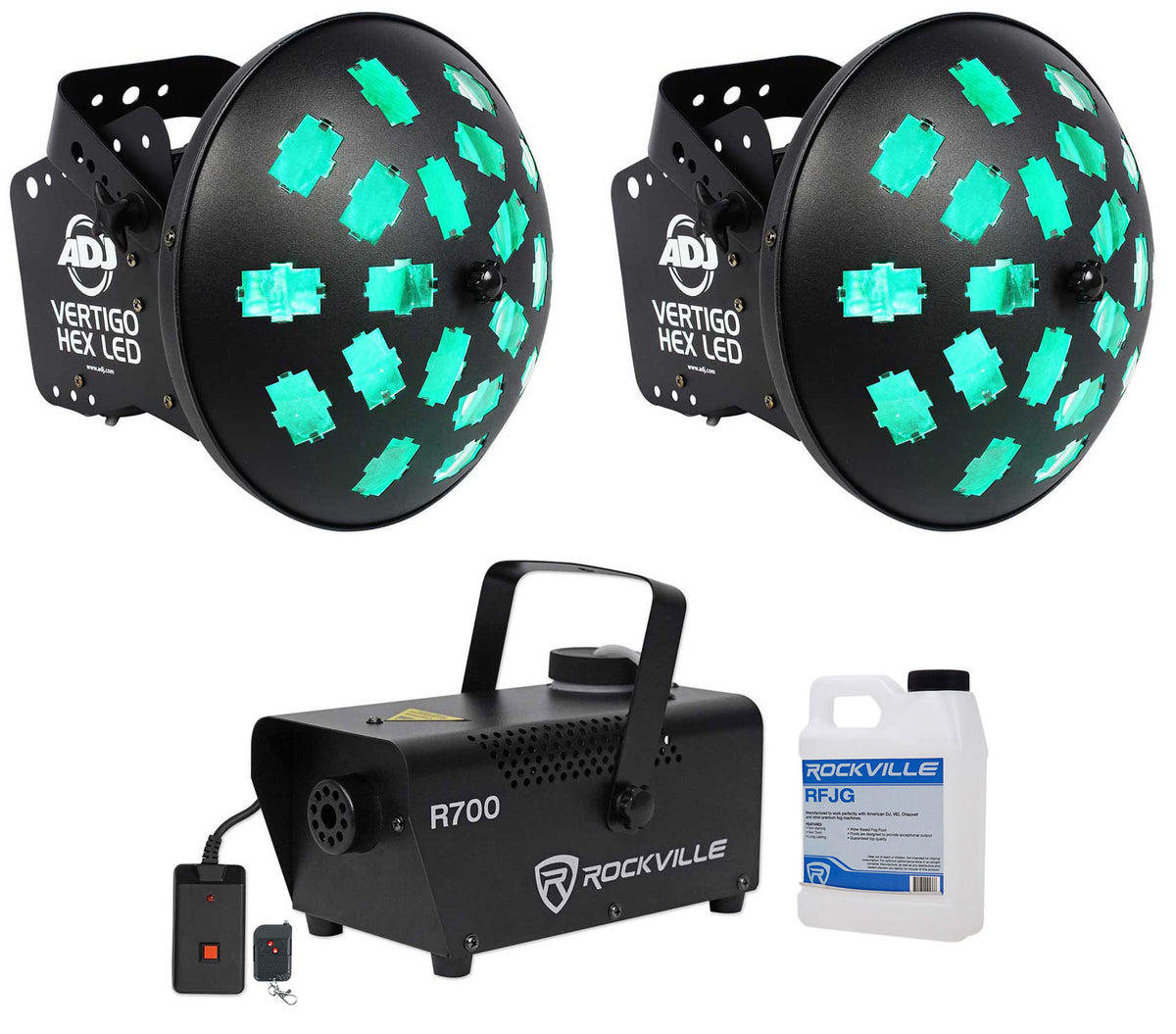 (2) VERTIGO HEX LED 12W 6-Color Dance Floor Effect Lights + Fog Machine