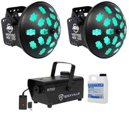 (2) VERTIGO HEX LED 12W 6-Color Dance Floor Effect Lights + Fog Machine