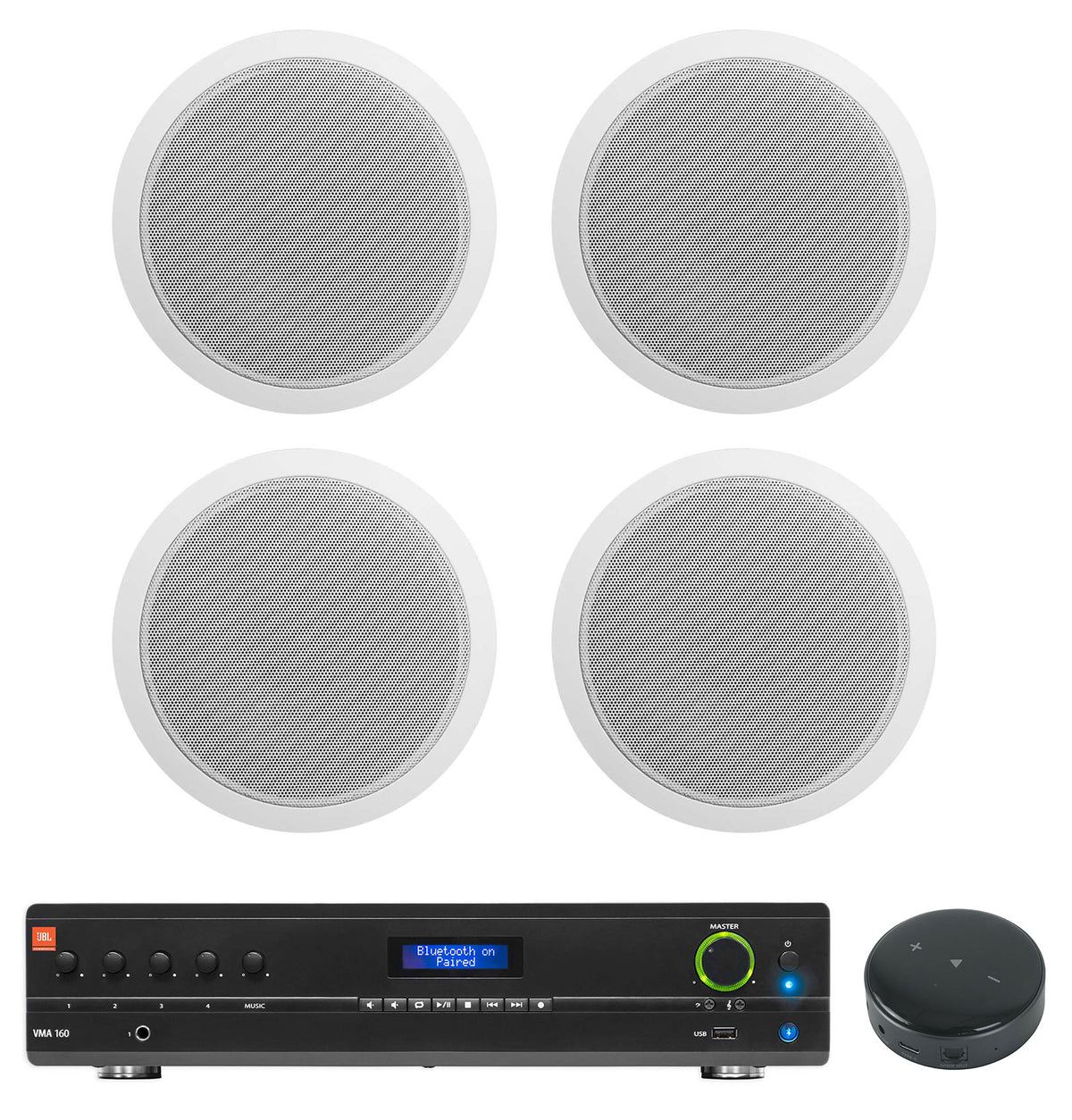 JBL Commercial 70v Amp+Wifi Receiver+4) White 6" Ceiling Speakers For Restaurant