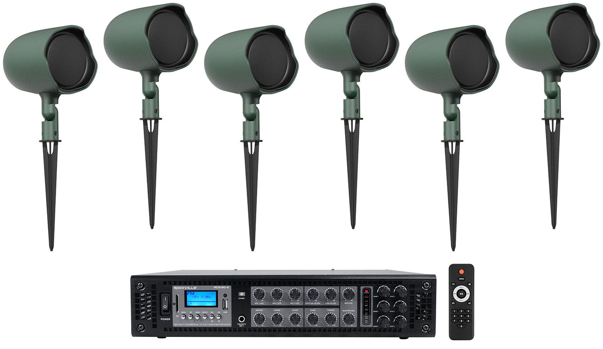 (6) JBL GSF3-GN 3" Landscape Ground Stake/Wall 70v Commercial Speakers+Amp