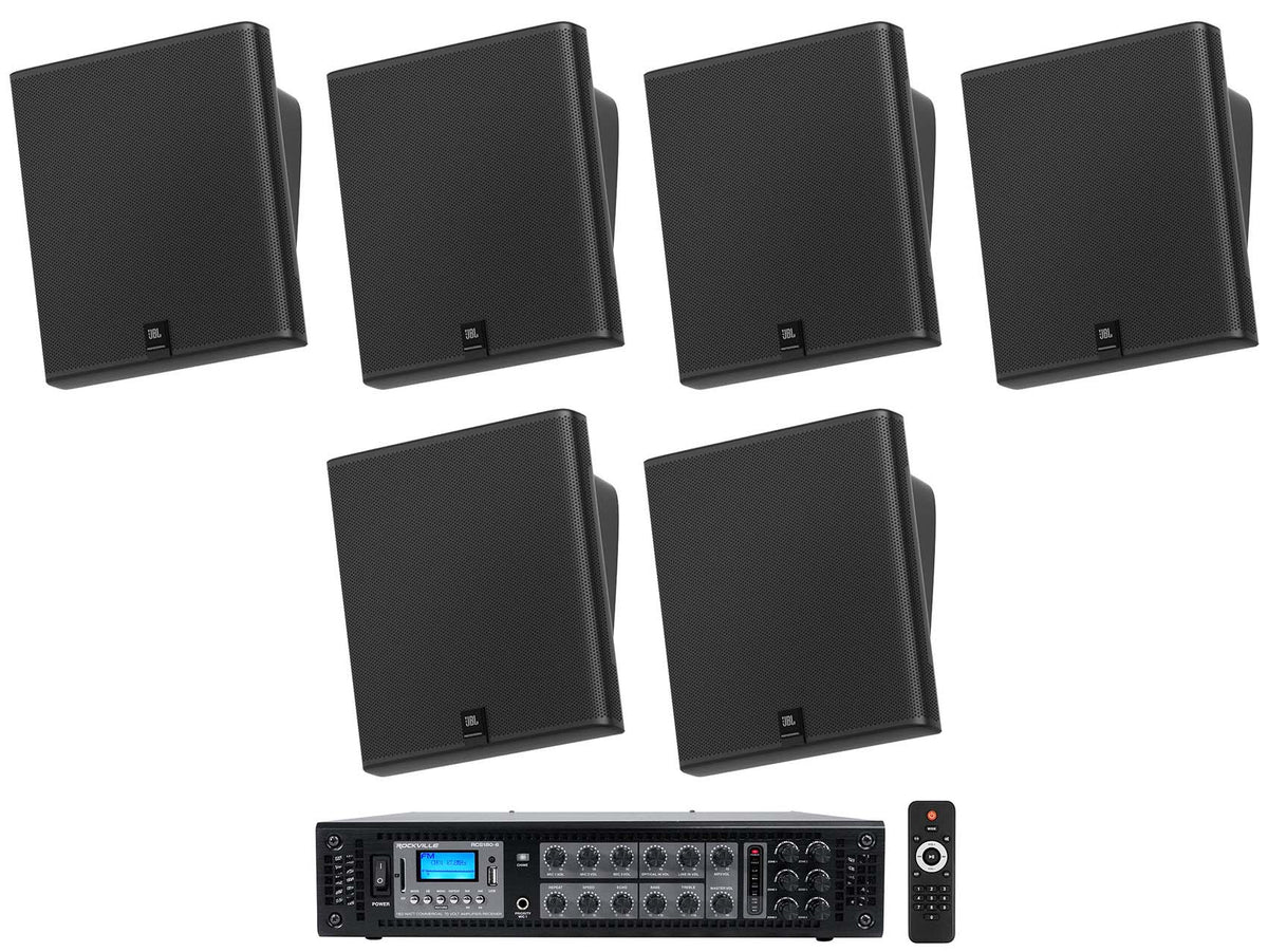 6) JBL SLP12/T-BK Sleek Low-Profile On Wall Mount 3" 70v Commercial Speakers+Amp