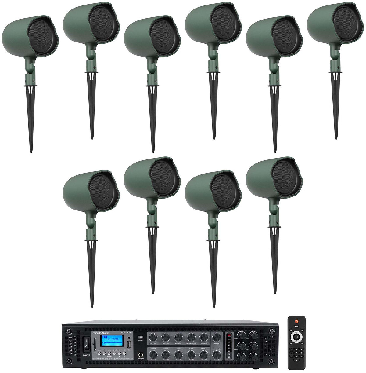 (10) JBL GSF3-GN 3" Landscape Ground Stake/Wall 70v Commercial Speakers+Amp