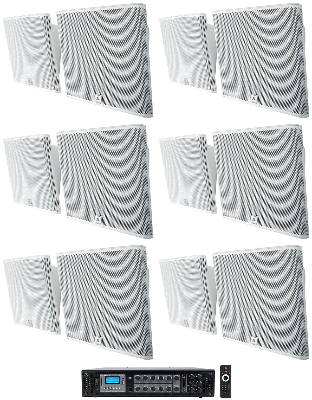 (12) SLP12/T-WH White Low-Profile On-Wall Mount 3" 70V Commercial Speakers + Amp