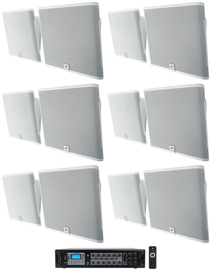 (12) SLP12/T-WH White Low-Profile On-Wall Mount 3" 70V Commercial Speakers + Amp