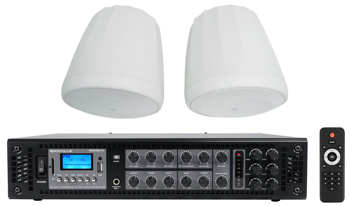 (2) JBL CONTROL 68HP-WH 70v Commercial 8" Hanging WhitePendant Speakers+Amp
