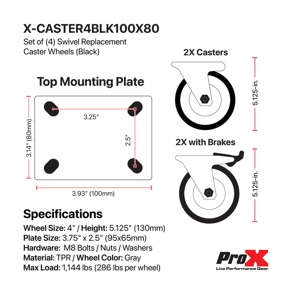X-CASTER4BLK100X80 Replacement 4" Industrial Caster Wheels With Plate