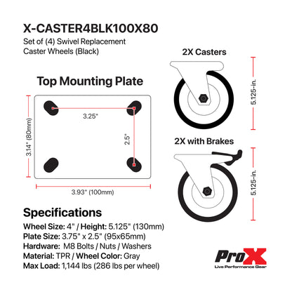X-CASTER4BLK100X80 Replacement 4" Industrial Caster Wheels With Plate