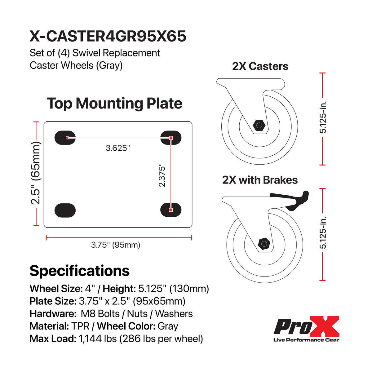 X-CASTER4GR95X65 Replacement 4" Industrial Caster Wheels With Plate