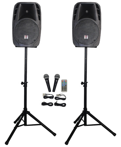 Pair of Rockville Package 12" 1400 Watts Passive DJ PA Speakers+(2) Stands+(2) Mics+Cables