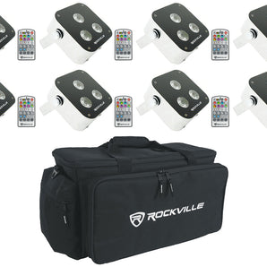 (8) Rockville MINI RF3 RGBWA+UV DJ/Party LED Wash Light+4ch RF Par Remote+Bag