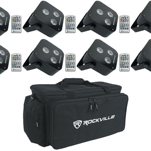 (8) Rockville MINI RF3 Black RGBWA+UV DJ/Party LED Wash Light+RF Par Remote+Bag