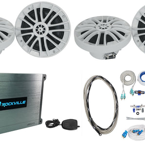 (4) Rockville RM-PREMIUM-65 WHITE 6.5" 600w Marine Boat Speakers+4-Channel Amp
