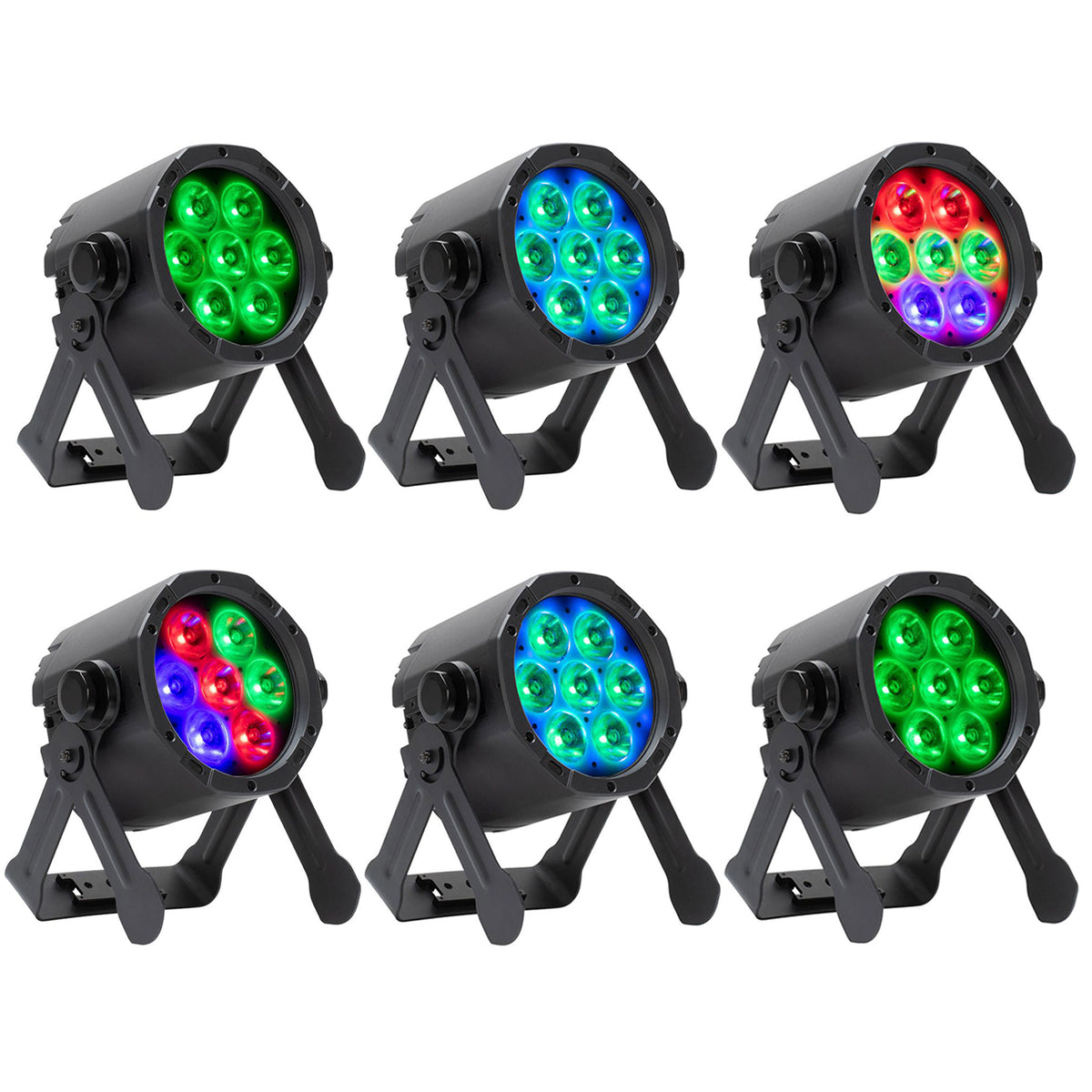 (6) American DJ ADJ ElectraPix Par 7 Pak RGBAL+UV DMX Par Lights w/ Flight Case