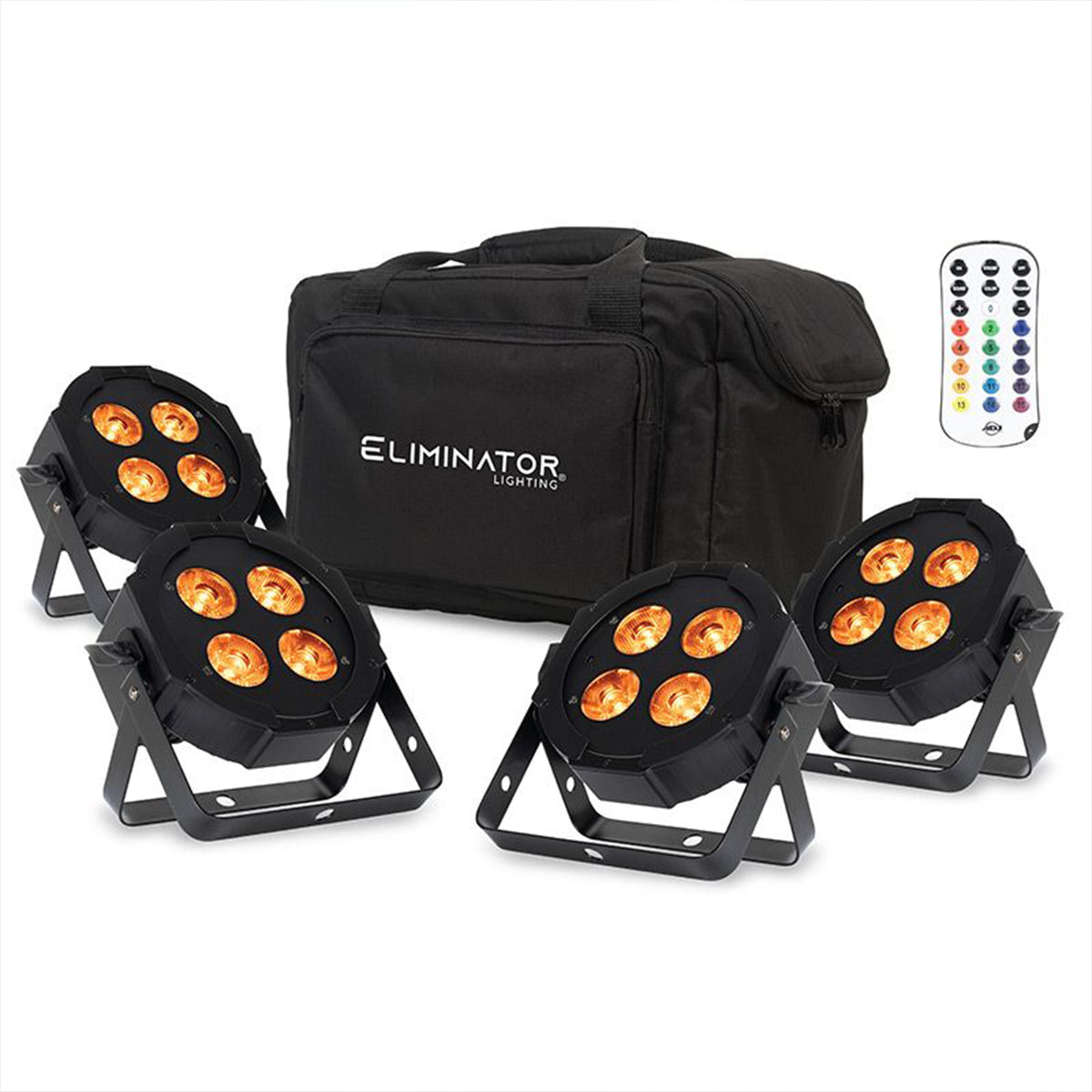 4) American DJ MEGA FLAT HEX L PAK4 RGBLA+UV LED DMX Par Lights+Remote+Cable+Bag