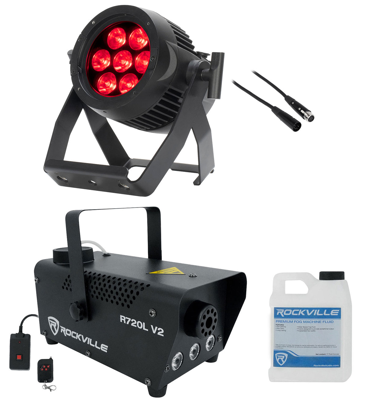 Encore LP7IP 7x20W Outdoor RGBL LED DMX Par Wash Light + Fogger + Cable