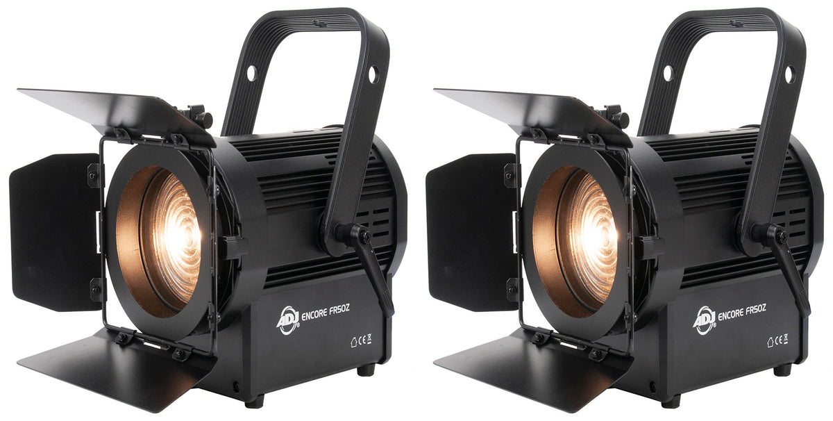 (2) American DJ ENCORE FR50Z 50W WW DMX Fresnel Beam Lights w/Barn Doors