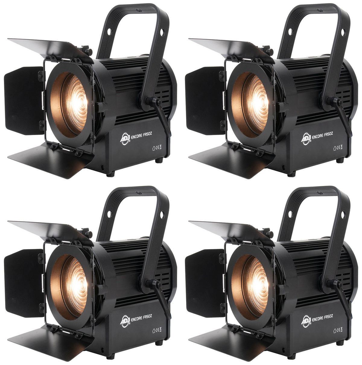 (4) ENCORE FR50Z 50W WW DMX Fresnel Beam Lights with Barn Doors