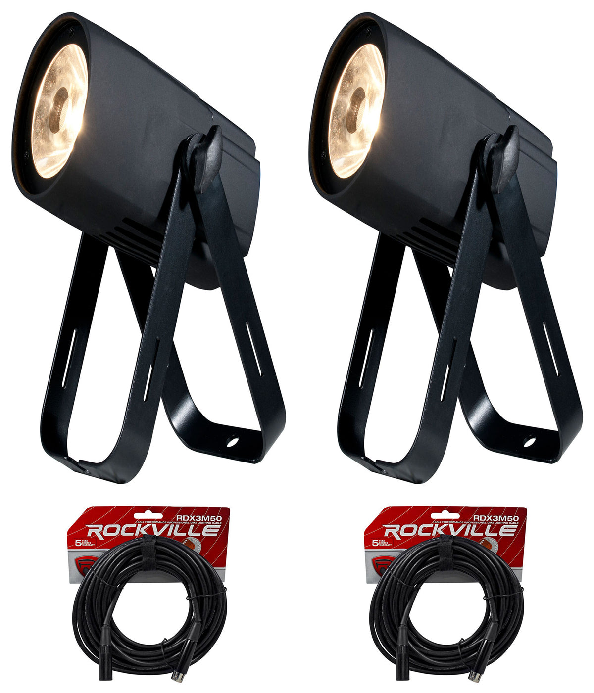 (2) SABER SPOT WW 15W Warm White DMX Pinspot Lights + (2) 50' DMX Cables