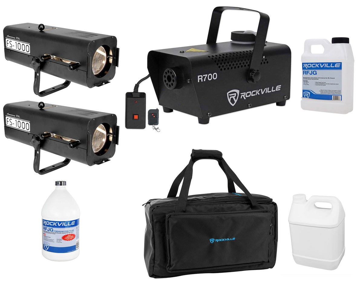 (2) FS-1000 Followspot Lights+Fogger+Travel Bag+Fog Fluid