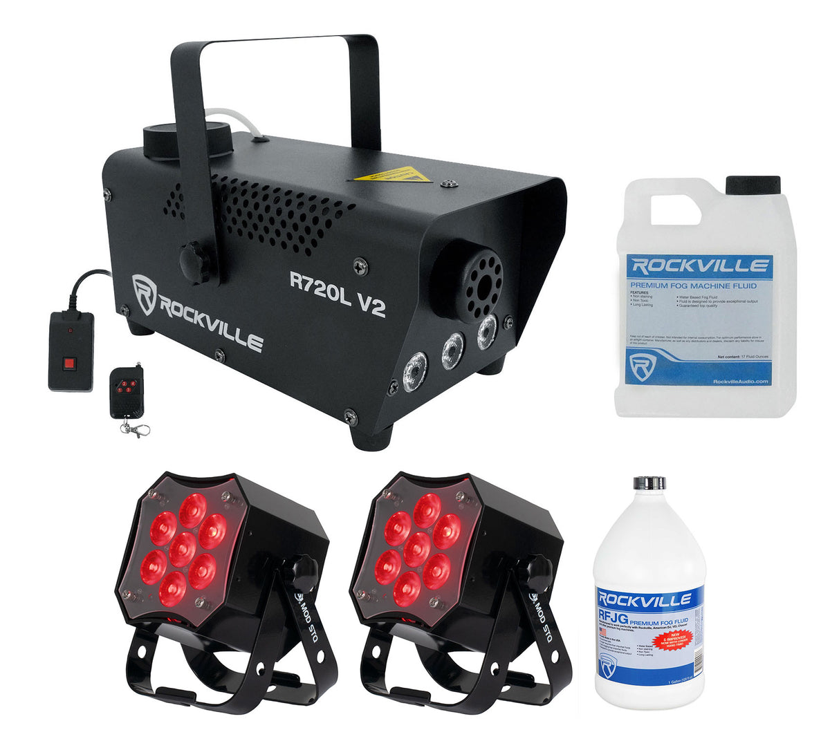 (2) MOD STQ LED DMX Par Wash Lights + R720L V2 LED Fogger + Fog Fluid