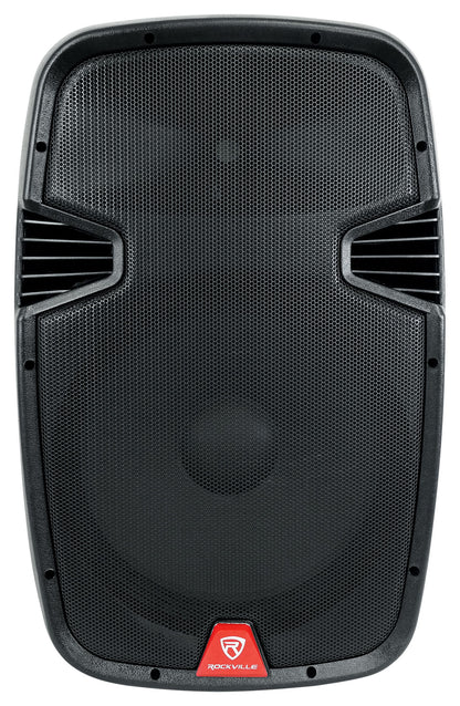 Rockville 15" Rechargeable Battery Powered PA Speaker System, (2) Wireless Microphones, Bluetooth, USB, FM Radio, 5-Band EQ, TWS Linking, RCA & 1/4” Inputs, Built-In Wheels & Handles