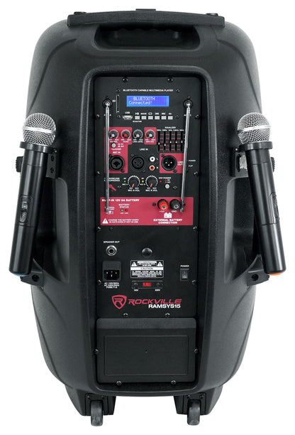 Rockville 15" Rechargeable Battery Powered PA Speaker System, (2) Wireless Microphones, Bluetooth, USB, FM Radio, 5-Band EQ, TWS Linking, RCA & 1/4” Inputs, Built-In Wheels & Handles