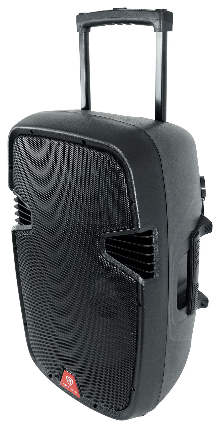 Rockville 15" Rechargeable Battery Powered PA Speaker System, (2) Wireless Microphones, Bluetooth, USB, FM Radio, 5-Band EQ, TWS Linking, RCA & 1/4” Inputs, Built-In Wheels & Handles