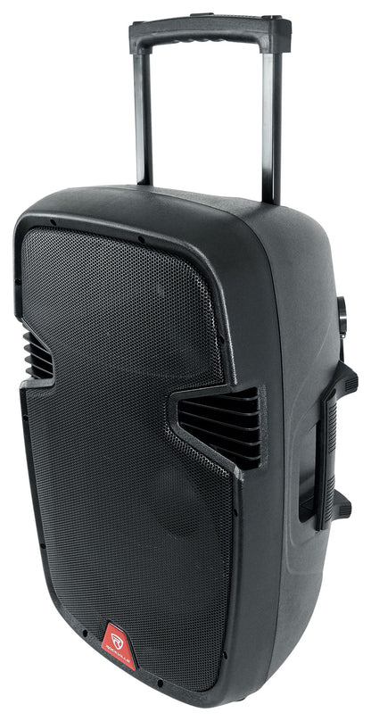 Rockville 15" Rechargeable Battery Powered PA Speaker System, (2) Wireless Microphones, Bluetooth, USB, FM Radio, 5-Band EQ, TWS Linking, RCA & 1/4” Inputs, Built-In Wheels & Handles