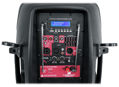 Rockville 15" Rechargeable Battery Powered PA Speaker System, (2) Wireless Microphones, Bluetooth, USB, FM Radio, 5-Band EQ, TWS Linking, RCA & 1/4” Inputs, Built-In Wheels & Handles