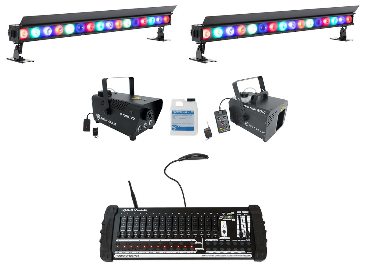 (2) ADJ ElectraPix Bar 16 Wireless DMX RGBAL+UV Light Bars+Control+Hazer+Fogger